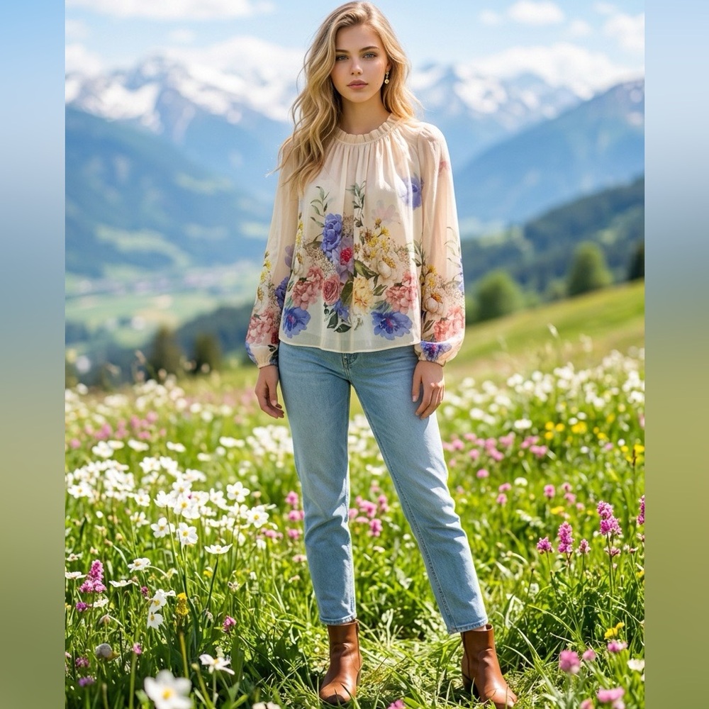 Silky Floral Pheasant Top - L